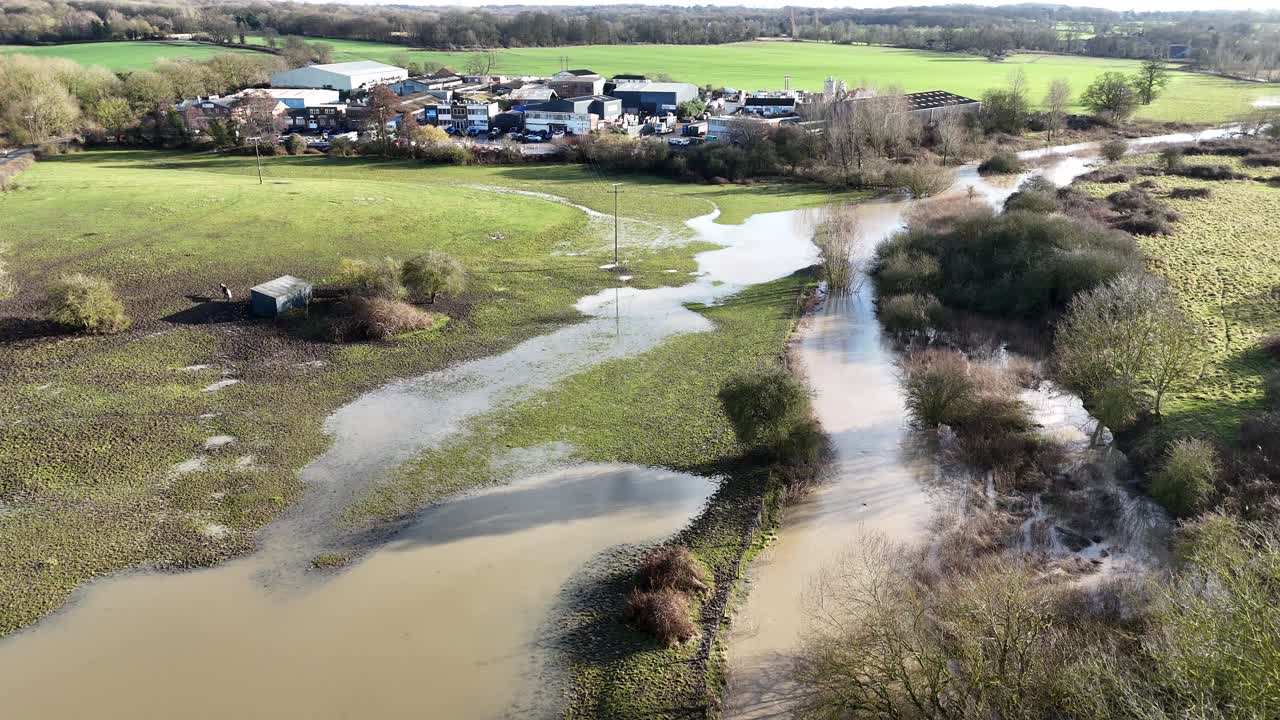 Flooded river Roding near Ongar Essex UK drone,aerial