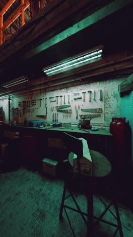 dimly lit room with long counter and stools