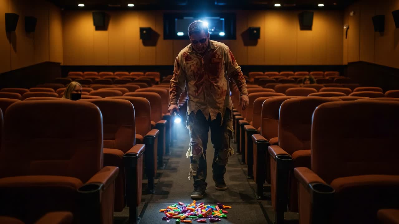 A Zombie Stumbles Through an Empty Cinema, Illuminating Colorful Candies on the Floor with a Flashlight, Creating an Eerie Yet Playful Atmosphere