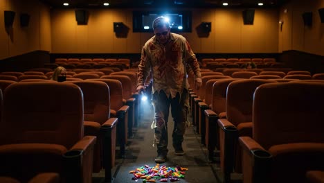 a zombie stumbles through an empty cinema, illuminating colorful candies on the floor with a flashlight, creating an eerie yet playful atmosphere