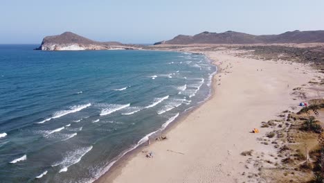 Aerial-Drone-View-of-Genoveses-Beach-at-Cabo-de-Gata,-Almeria,-Andalucia,-Spain