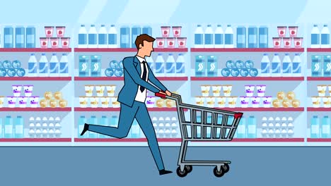 personaje de dibujos animados de hombre de negocios plano corre con el carrito de compras vacío animación