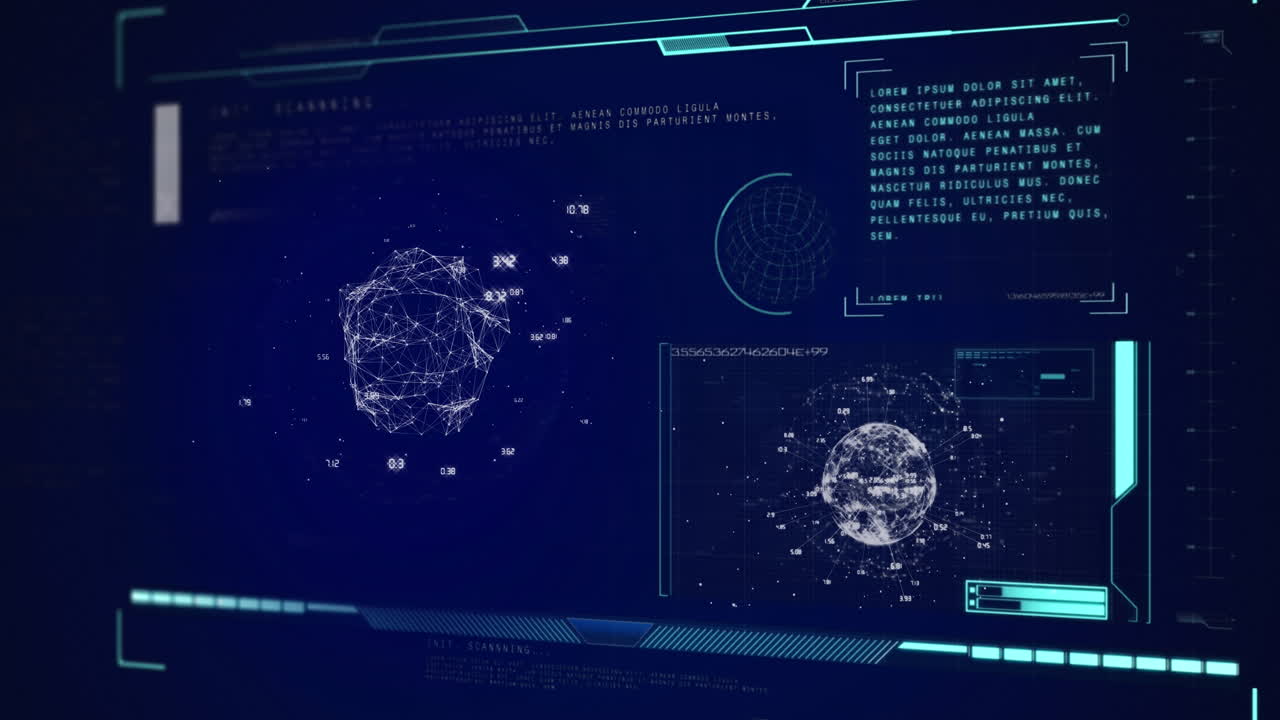 지구의 애니메이션, 스 ⁇  스캐닝 및 파란색 배경의 화면에서 데이터 처리