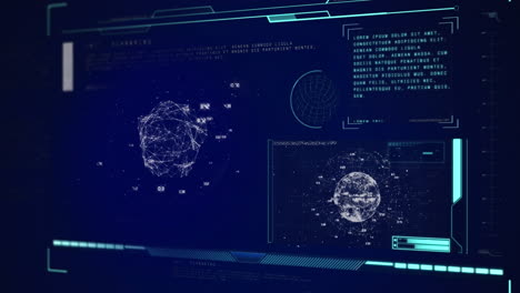 animation of globe, scope scanning and data processing over screen on blue background