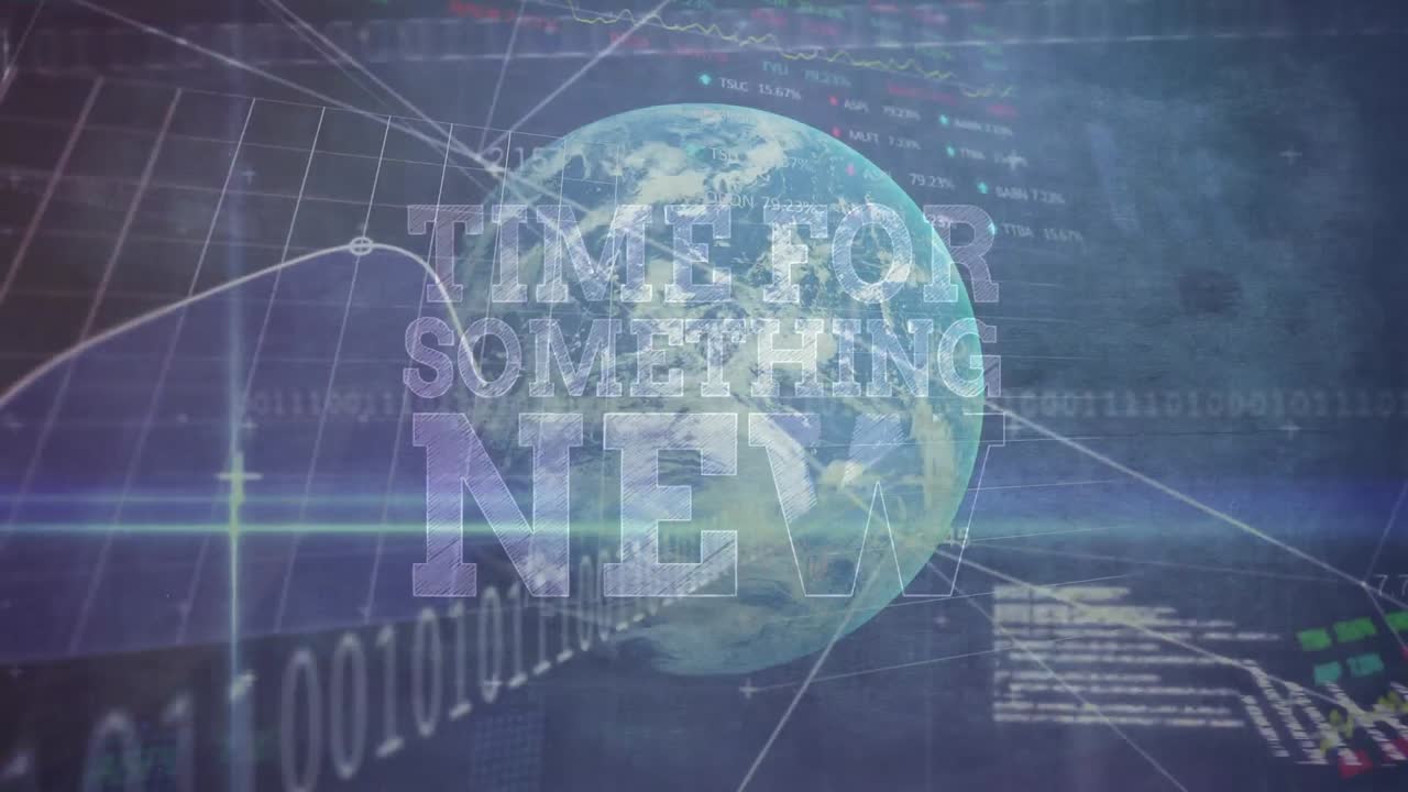 Animation of data processing and globe over time for something new text