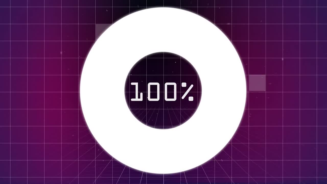 Downloading from 0 to 100 percent on circle with sizzle square falling behind on a grid in purple ba