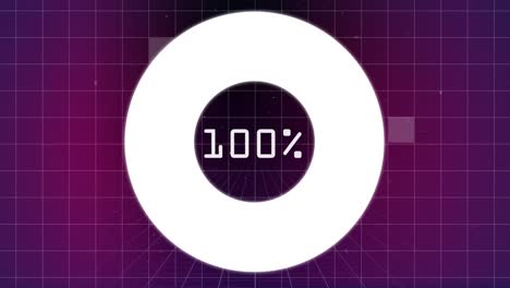 downloading from 0 to 100 percent on circle with sizzle square falling behind on a grid in purple ba