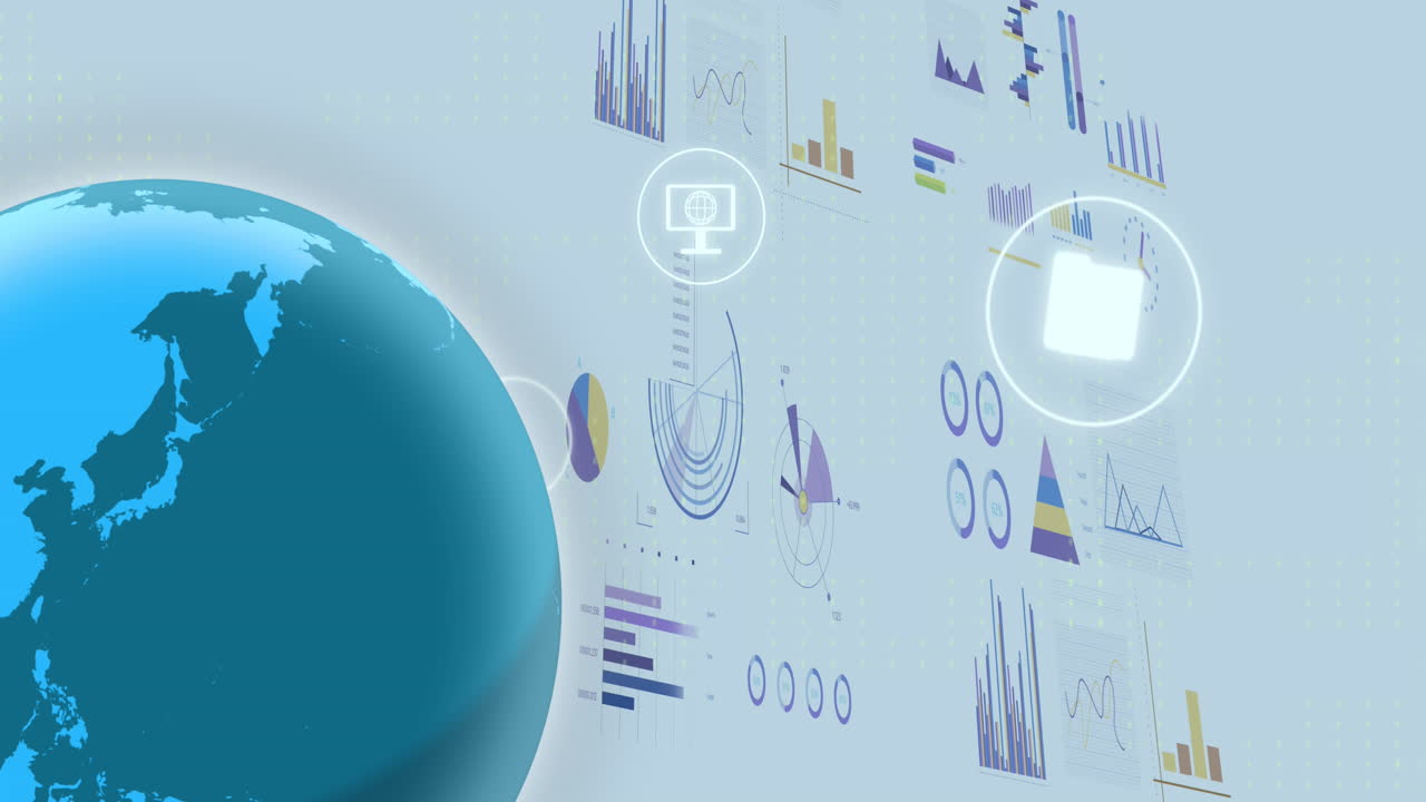 Animation of financial data processing and statistics over globe