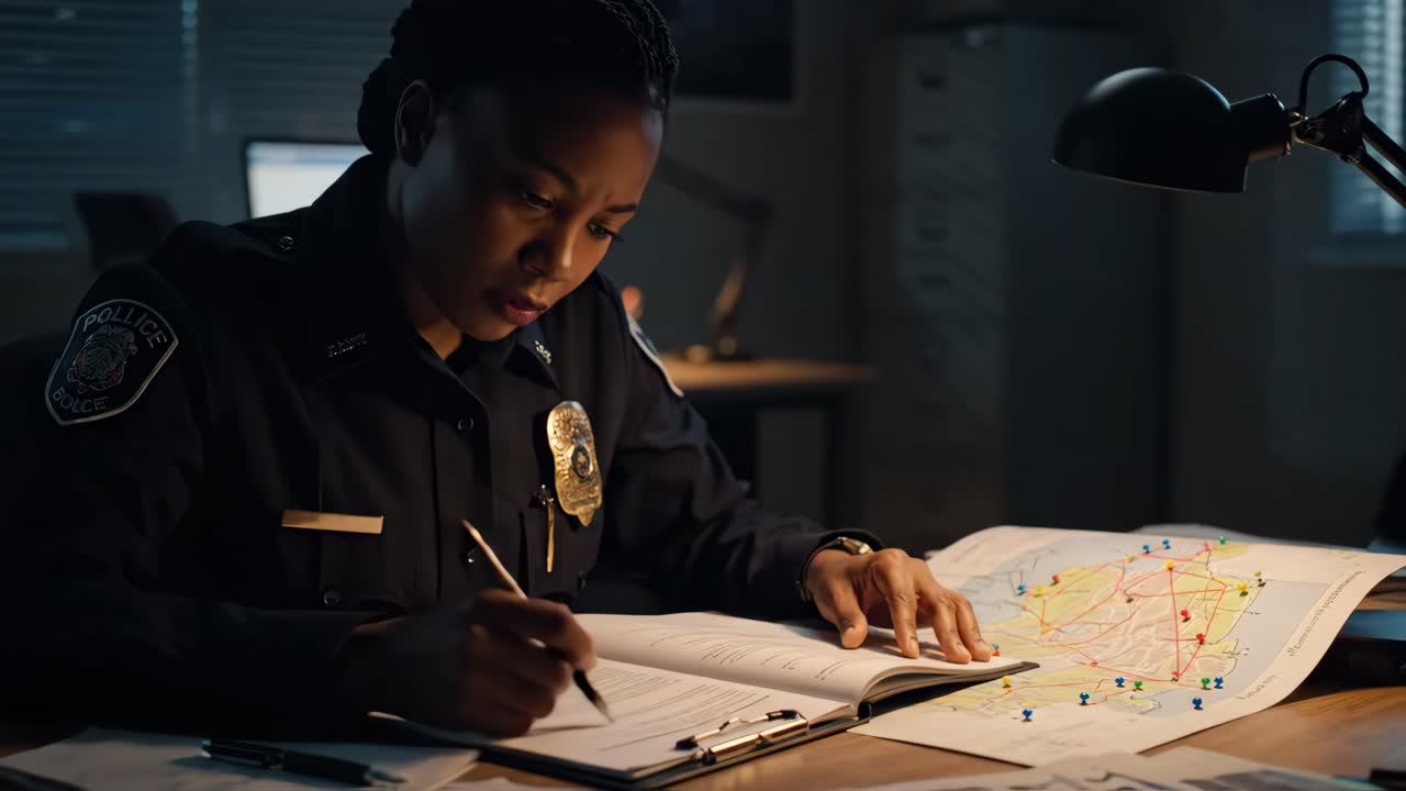 Police officer working with a map