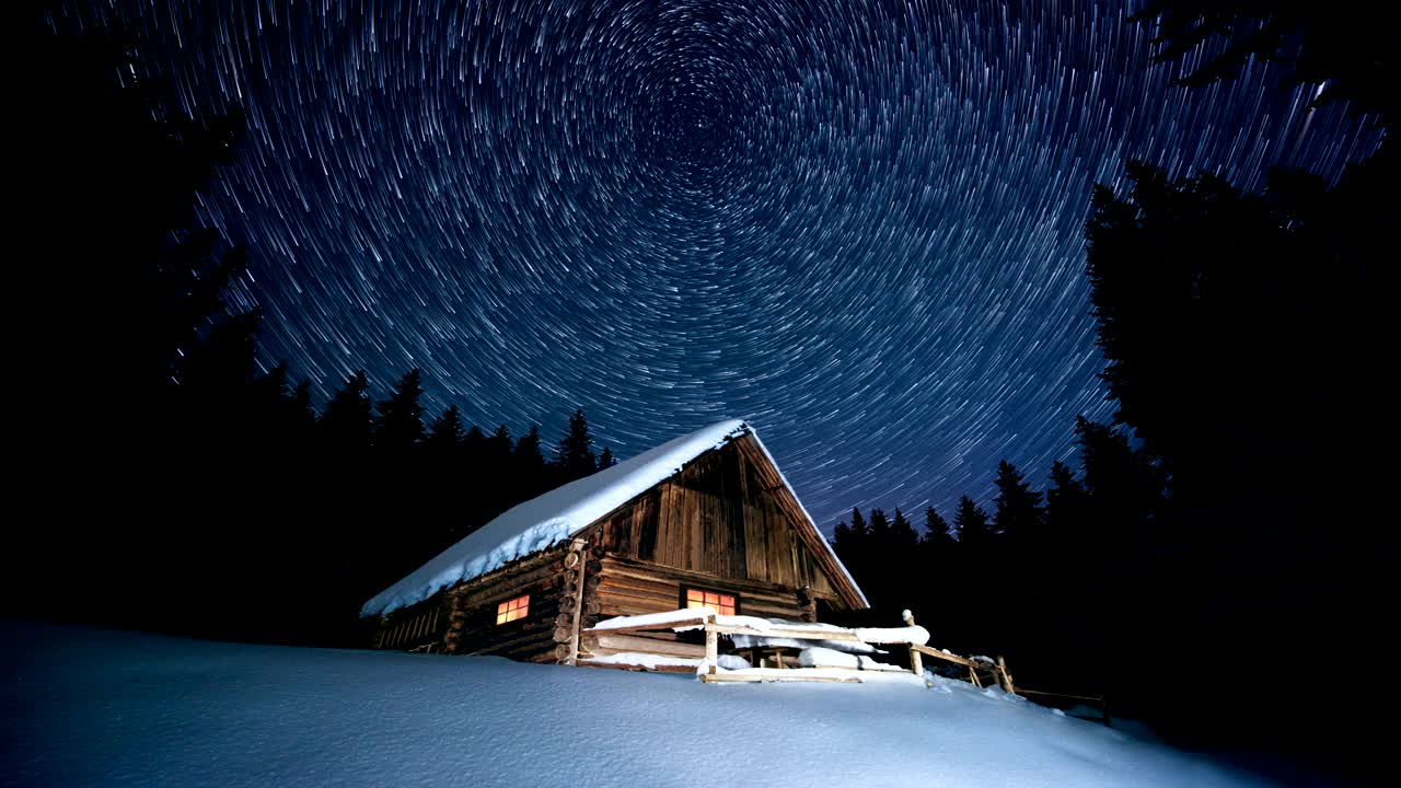time-lapse. círculos de estrellas sobre la casa de madera en el bosque de invierno