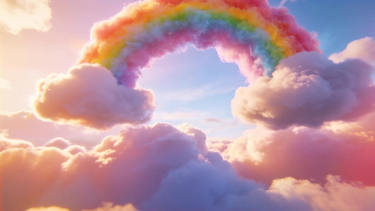 Cámara avanzando, revelando un arcoíris de nubes coloridas que crece sobre orillas de tonos pastel, con confeti flotando.