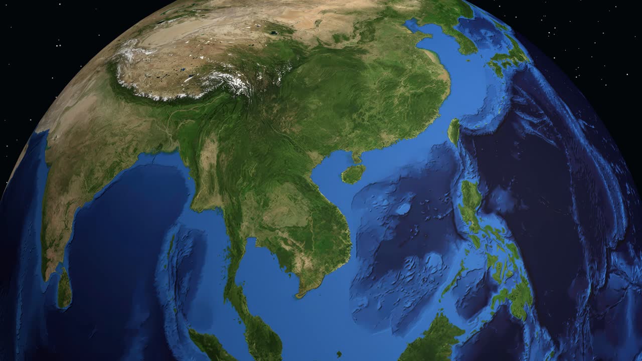 L'animazione digitale esegue uno zoom dallo spazio profondo fino a una vista satellitare di Vinh City, Vietnam