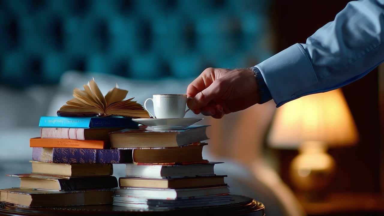 A Cozy Moment of Relaxation: Enjoying a Cup of Coffee While Surrounded by a Stacked Collection of Books in a Comfortable Setting