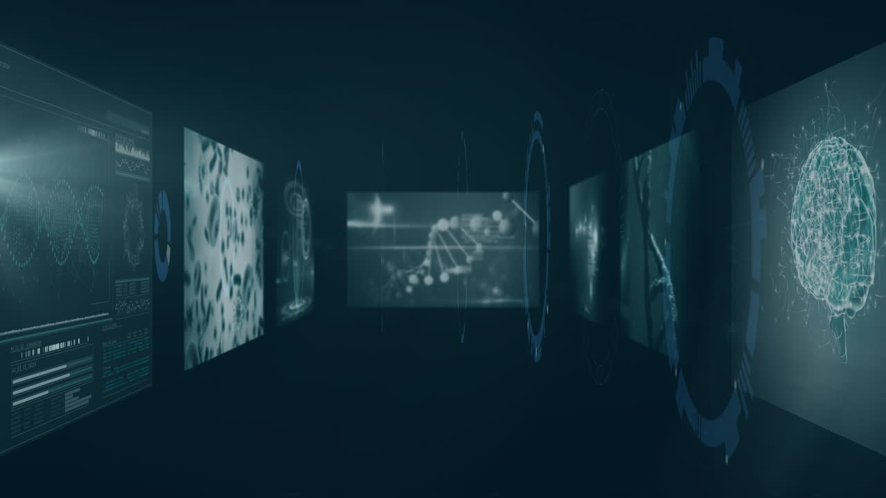 Animazione di DNA e reti neurali su schermi digitali in un ambiente futuristico