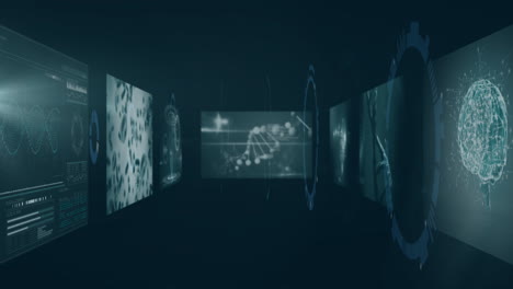 animation of dna and neural networks on digital screens in futuristic setting