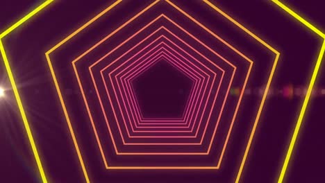 Tunnel-of-distorted-hexagon-outlines-moving-with-spotlights-on-dark-purple-background