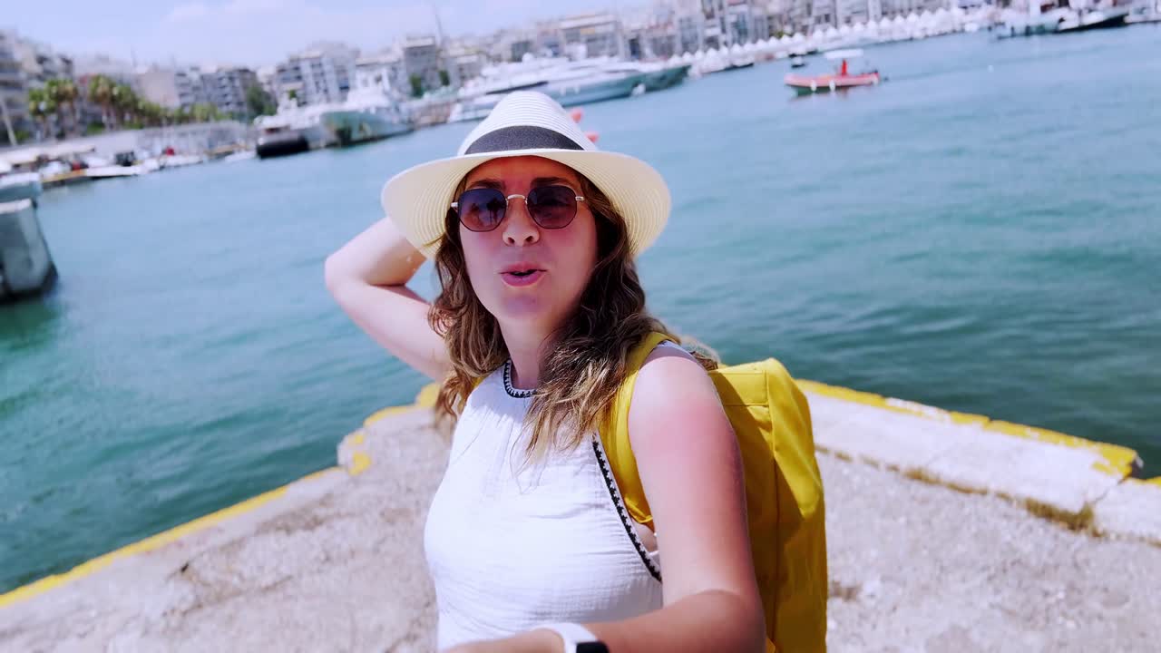 Jovem Turista Feliz Sorrindo em um Porto Ensolarado
