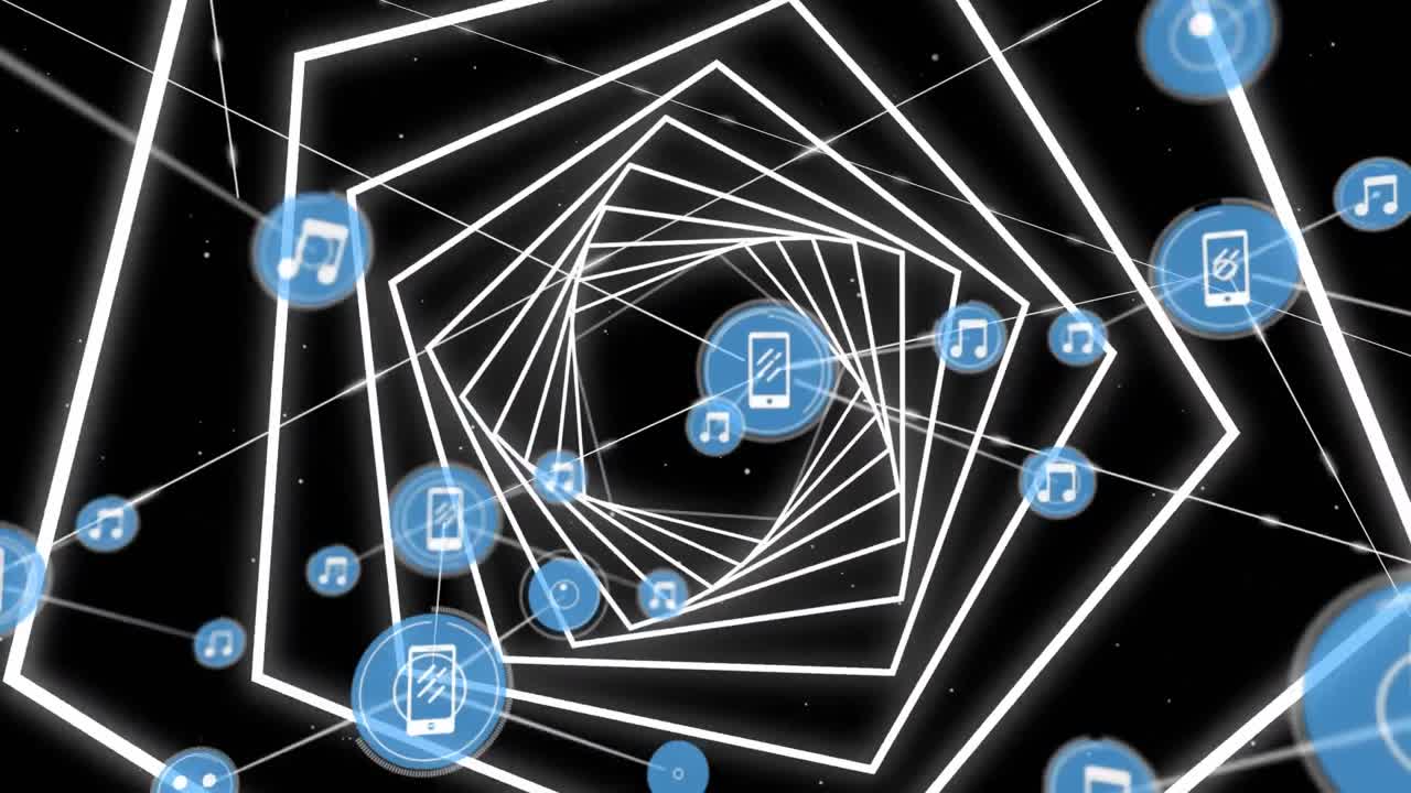 animación digital de una red de iconos digitales contra un túnel hexagonal sobre fondo negro