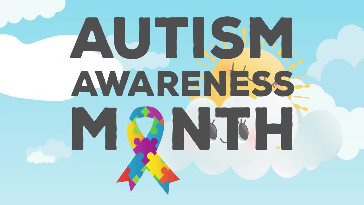 Animazione di pezzi di puzzle colorati che formano un nastro e il testo del mese della consapevolezza sull'autismo sullo sfondo del cielo