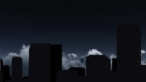 Digital-animation-of-silhouette-of-tall-buildings-against-clouds-in-night-sky