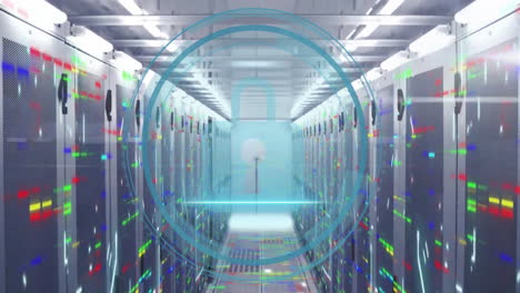 animación del icono del candado y procesamiento de datos digitales a través de servidores informáticos