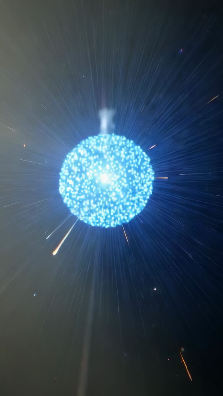Vertical video: Appearing sphere shifting gold to purple emitting light rays and sparks in void