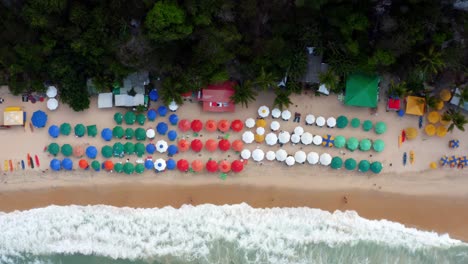 Hermosa-Vista-Aérea-De-Drones-Vista-Superior-Sobrevuelo-De-La-Playa-Tropical-Praia-Do-Madeiro-Con-Sombrillas-De-Colores,-Agua-Azul-Clara,-Turistas-Nadando-Y-Surfistas-Cerca-De-Pipa-En-El-Noreste-De-Brasil