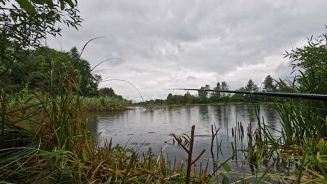 Timelapse-of-Fishing-Rods-in-the-Lake-Rainy-Cloudy-Summer-Day