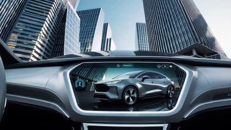 futuristic car interior with digital dashboard displaying a concept car
