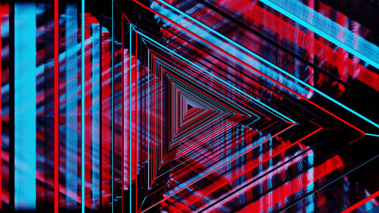 4K video animace barevných neonových světel, trojúhelníkový tunel s opakujícím se efektem, motion graphic.