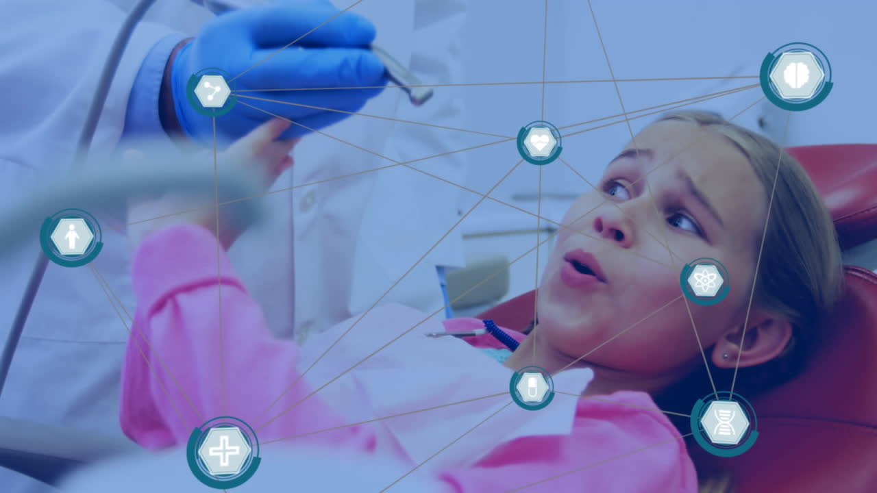 animación de redes de conexiones con iconos sobre la niña en la silla del dentista