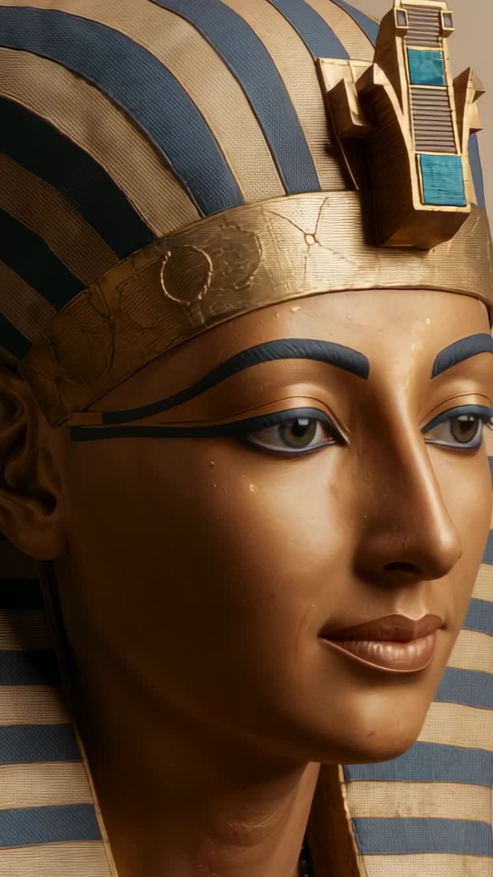 Vertical video: Rotating pharaoh bust in studio revealing gold-turquoise inlays on nemes headdress