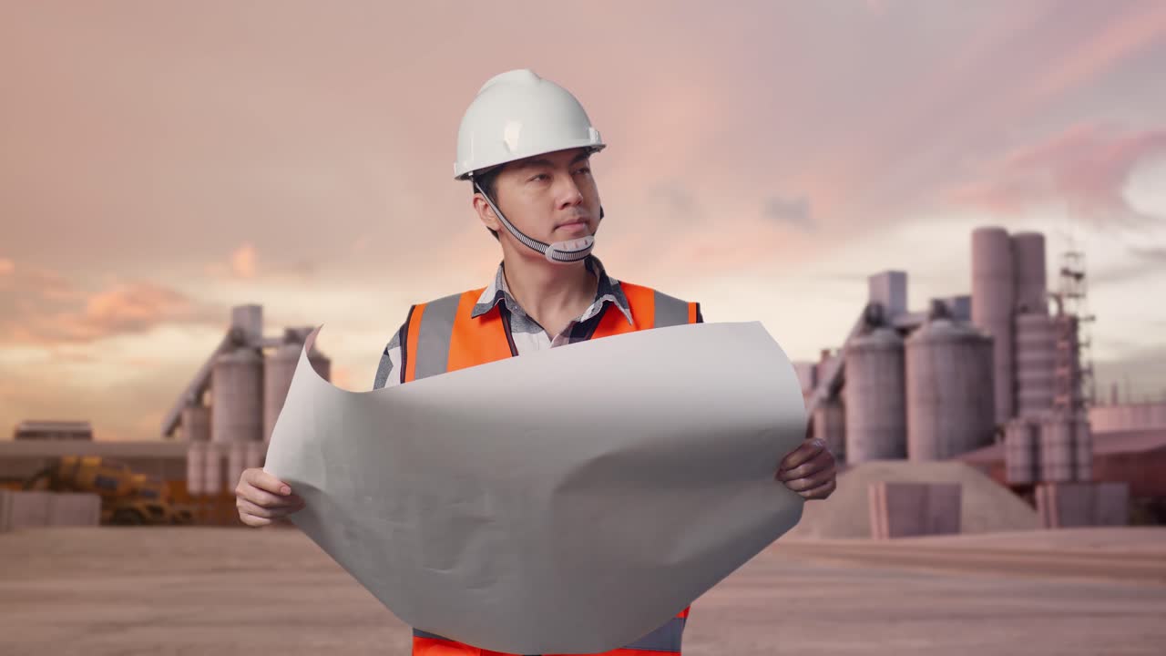 Ingeniero asiático con casco de seguridad mirando un plano en sus manos y a su alrededor, de pie en una planta de cemento industrial con camiones hormigonera al atardecer.