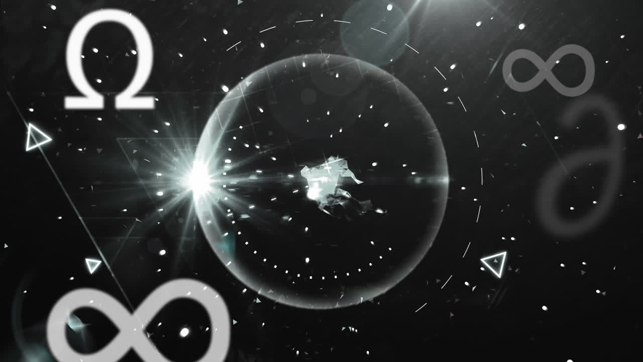 검은 바탕에 나타나고 사라지는 수학적 기호의 애니메이션