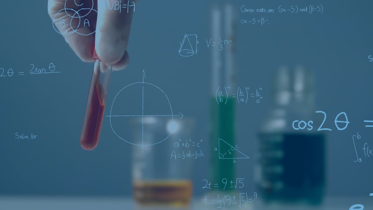 Animation of mathematical formulas over scientist in laboratory