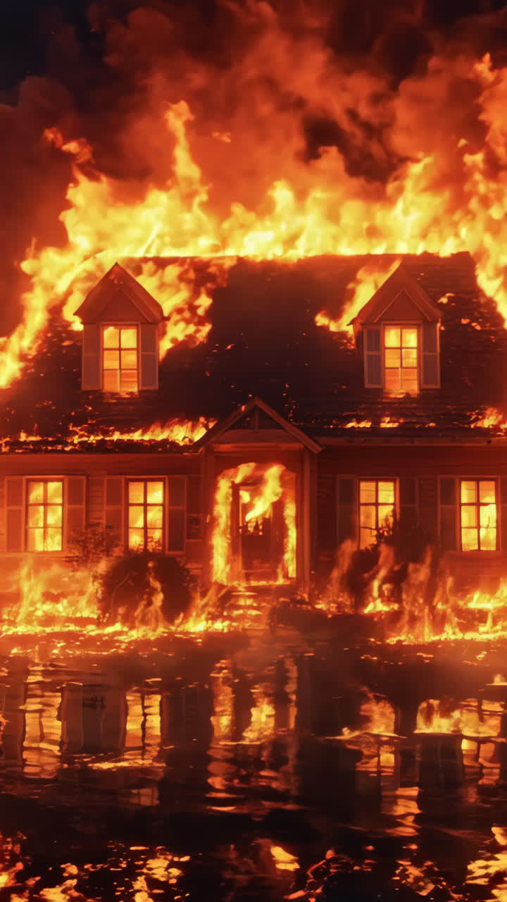 A house is on fire and the flames are reflecting in the water. Scene is intense and dramatic