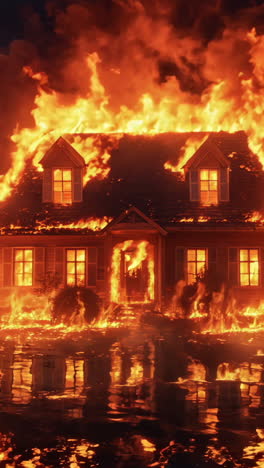 a house is on fire and the flames are reflecting in the water. scene is intense and dramatic