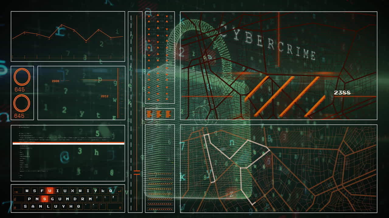 Animation av hänglås, texter, symboler, bokstäver, siffror med datorspråk och navigeringsmönster