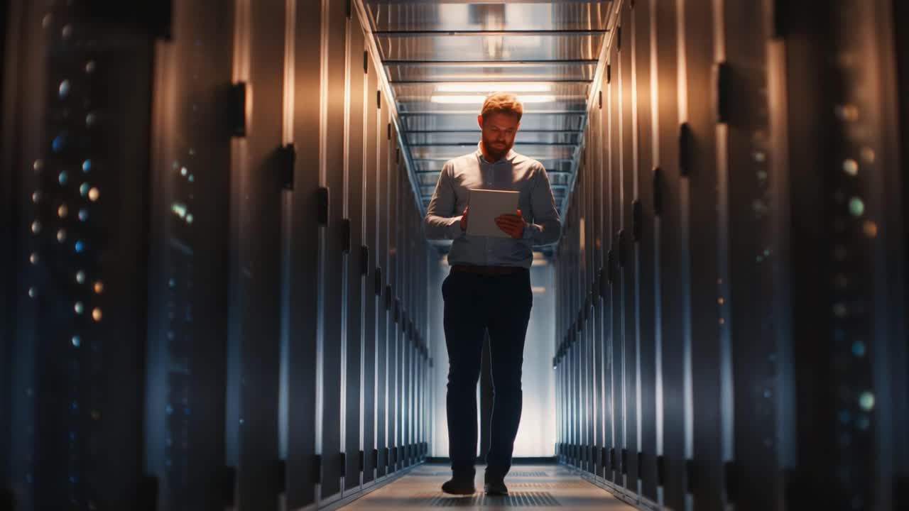 A Technologist Navigating a Data Center, Analyzing Server Performance and Infrastructure Through a Tablet in a High-Tech Environment