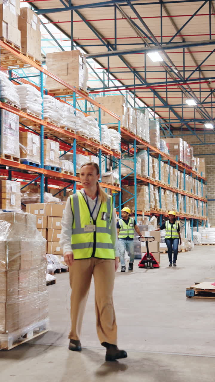 Warehouse workers moving boxes in a large storage facility