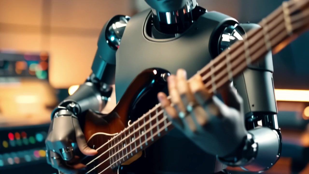 Robotik bir müzisyen, modern bir stüdyoda bas gitar çalıyor, ses ve yeniliğin uyumlu bir birleşiminde teknoloji ve sanatı harmanlıyor