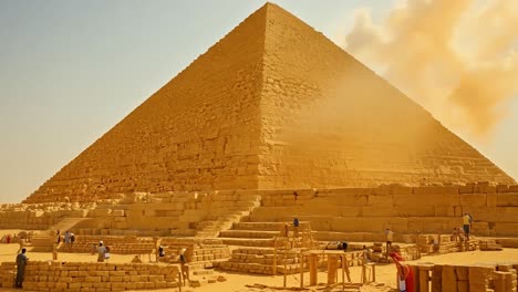 the great pyramid of giza with tourists and sand