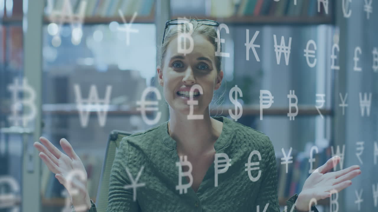 animación del procesamiento de datos financieros sobre una mujer de negocios caucásica