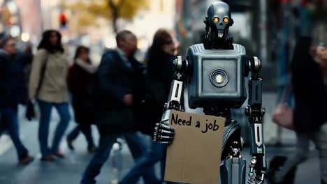 robot buscando trabajo en una calle de la ciudad