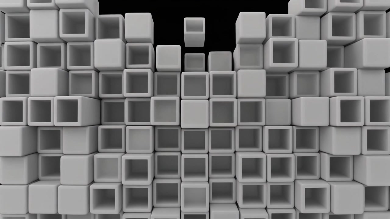 Abstract Animation of White Cubes Assembling into a Grid