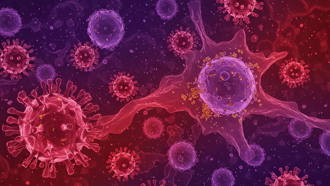 Microscopic Visualization of Viral Particles Interacting with Immune Cells in a Colorful, Dynamic Biological Environment