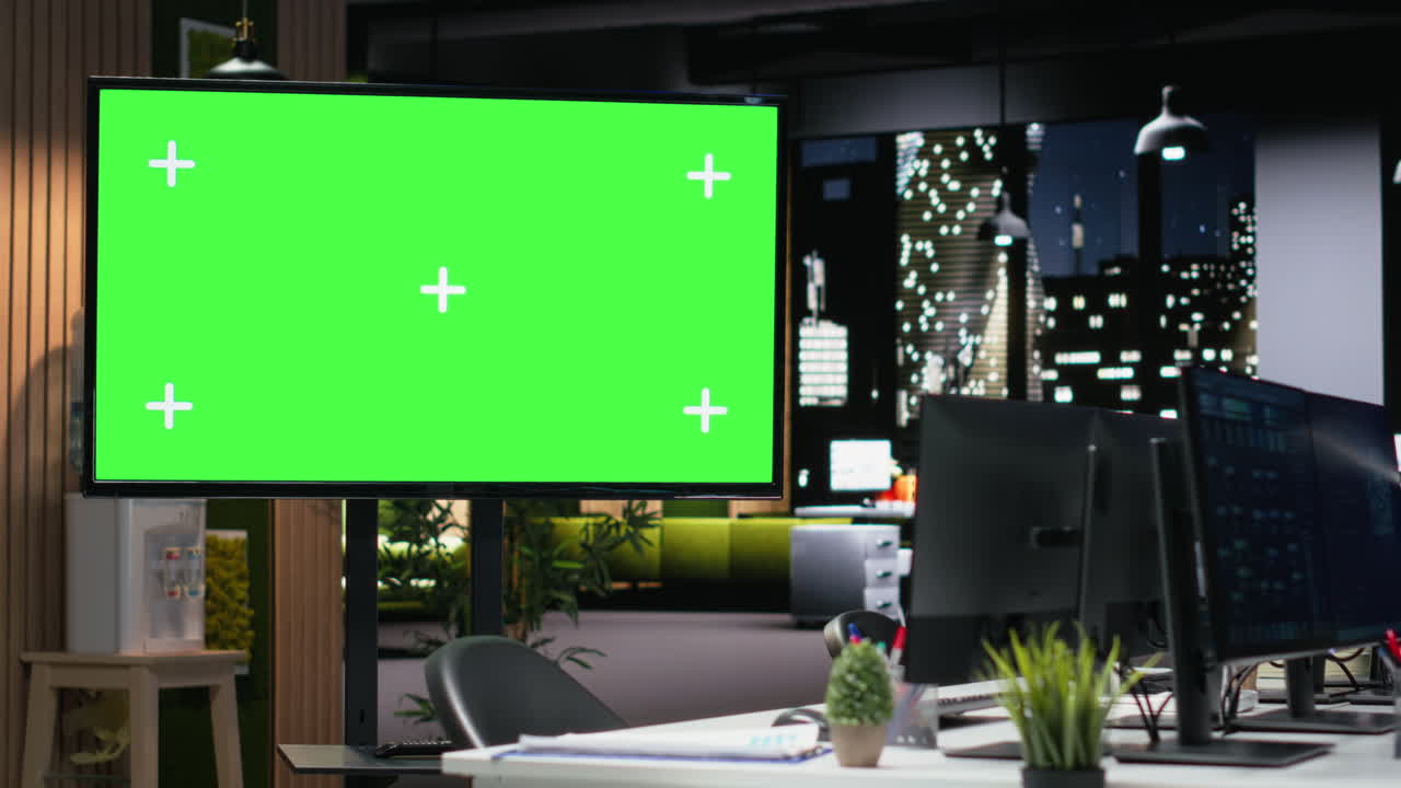 TV con schermo verde in un ufficio moderno vuoto di notte