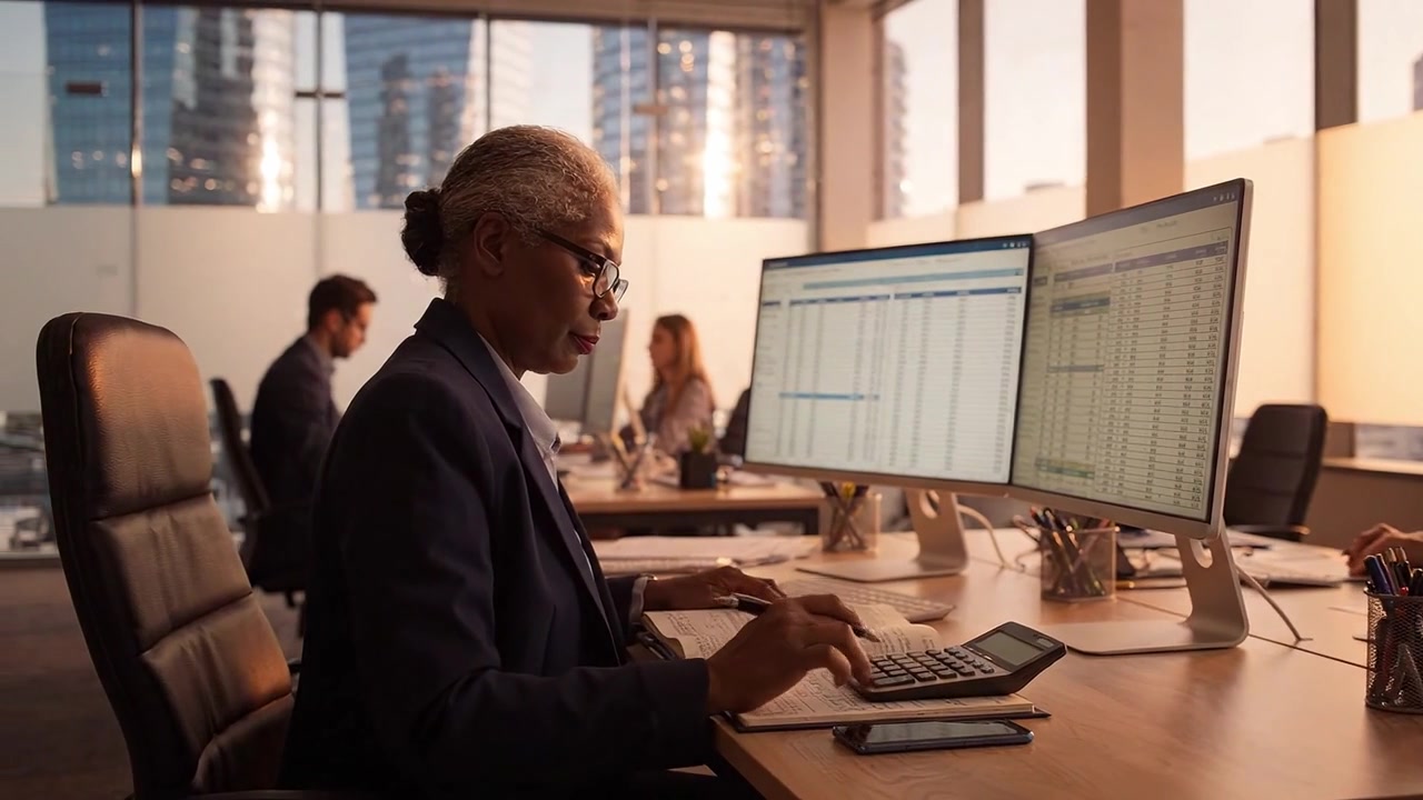 Focused Professional Working at a Modern Office Desk with Multiple Monitors Analyzing Data and Using Calculator in a Bright Corporate Environment