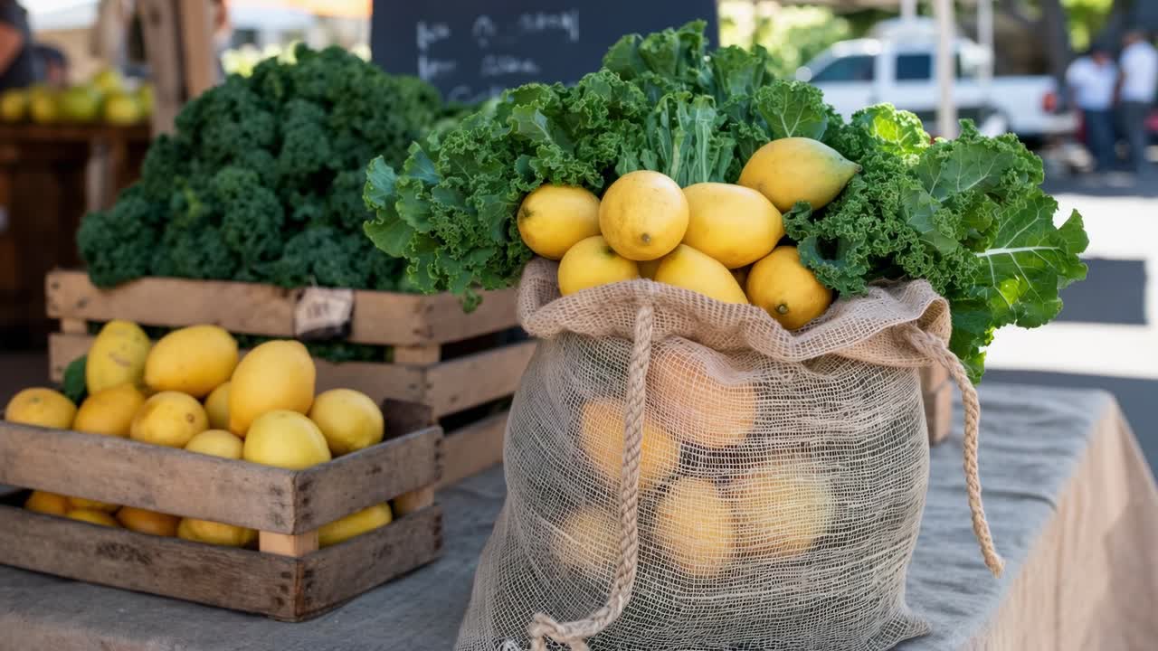 Fresh lemons are displayed in wooden crates and a burlap sack alongside a bunch of fresh kale at a local farmers market, offering a vibrant display of healthy produce