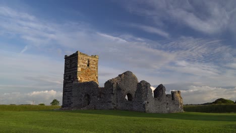 knowlton church, dorset, england. slow pan, morning light